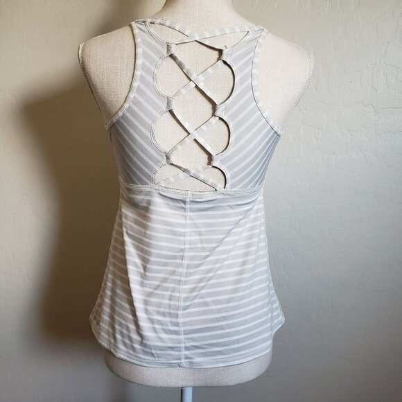 PrAna Striped Filament Tank Top Yoga Criss Cross Back Grey/White Sz Womens Small - Picture 5 of 12